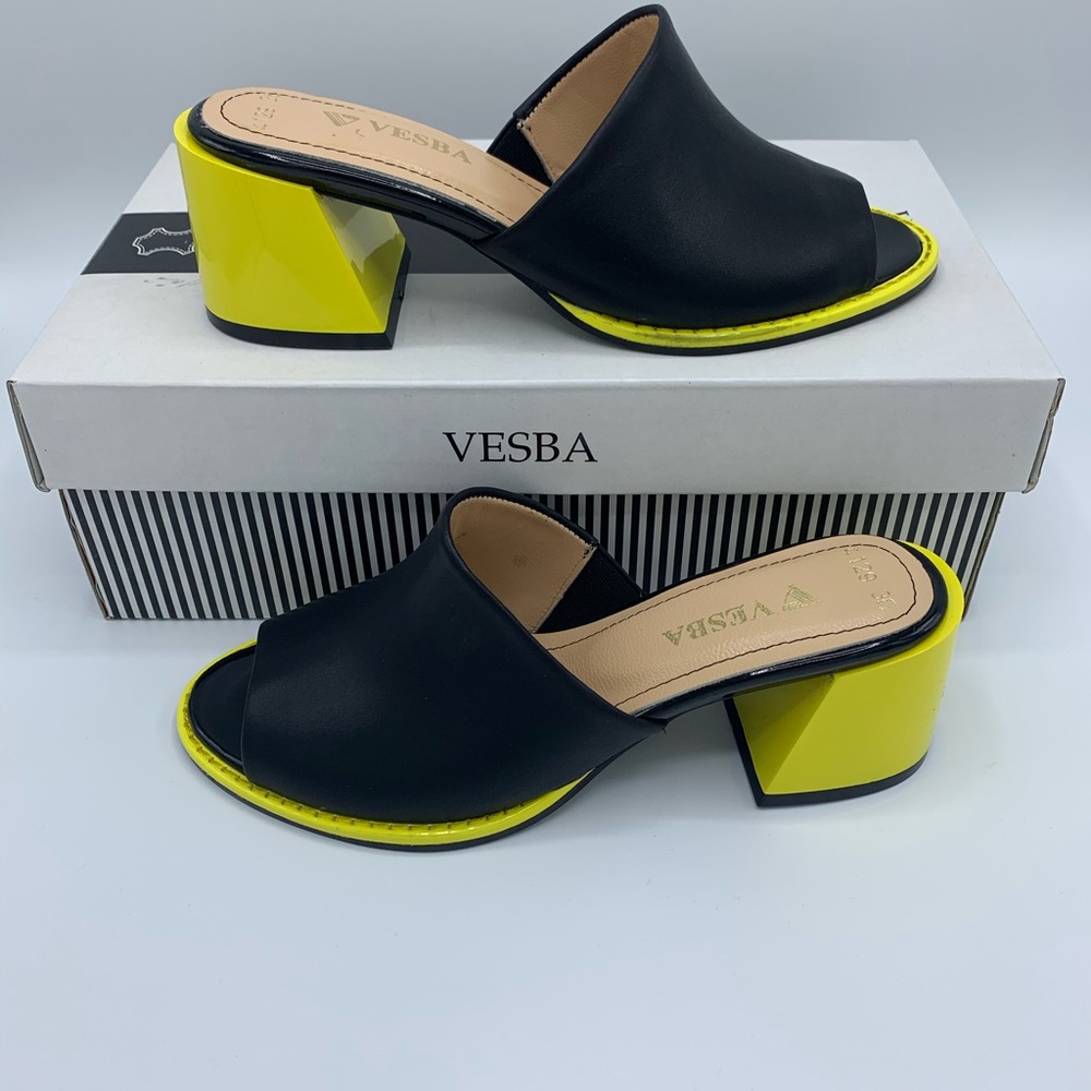 Women’s Leather black sandals neon Yellow Heel